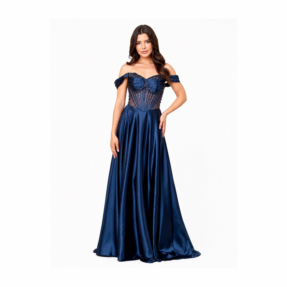 EVA 5315 Elegant Emerald Green Off-the-Shoulder Evening Gown with Corseted Bust and Flowing Skirt for Formal Events