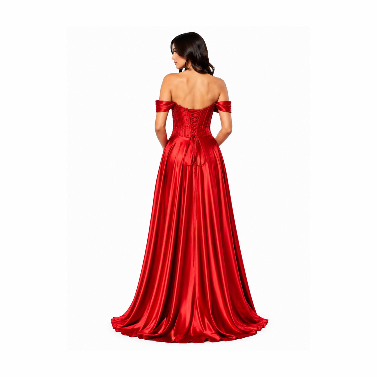 EVA 5315 Elegant Emerald Green Off-the-Shoulder Evening Gown with Corseted Bust and Flowing Skirt for Formal Events