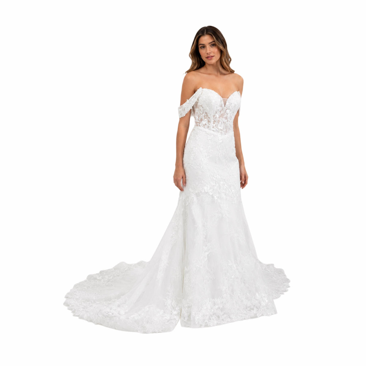 Cindy -C722 Elegant Off White -Shoulder Bridal Gown with Intricate Lace Detailing and Flowing Train for a Timeless Look