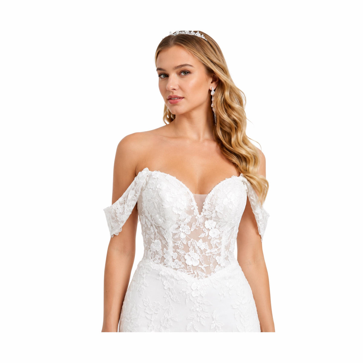 Cindy -C722 Elegant Off White -Shoulder Bridal Gown with Intricate Lace Detailing and Flowing Train for a Timeless Look