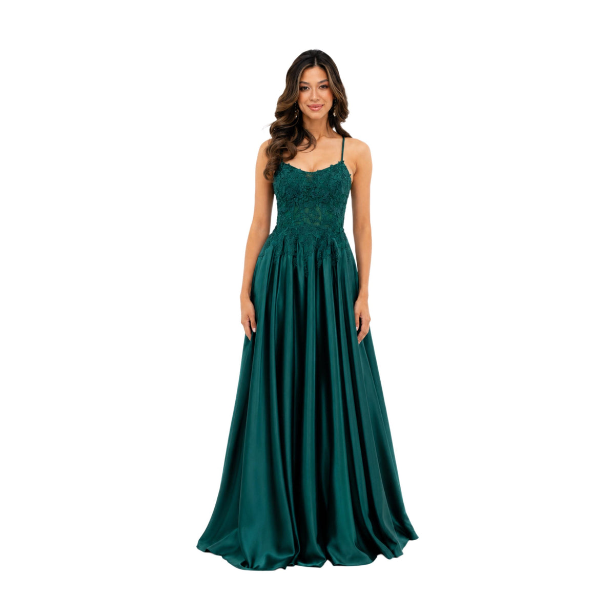 EVA 5289 Satin Prom Dress, Lace Corset Formal Gown, Spaghetti Strap A-Line Evening Dress, Wedding Guest & Quinceañera Gown