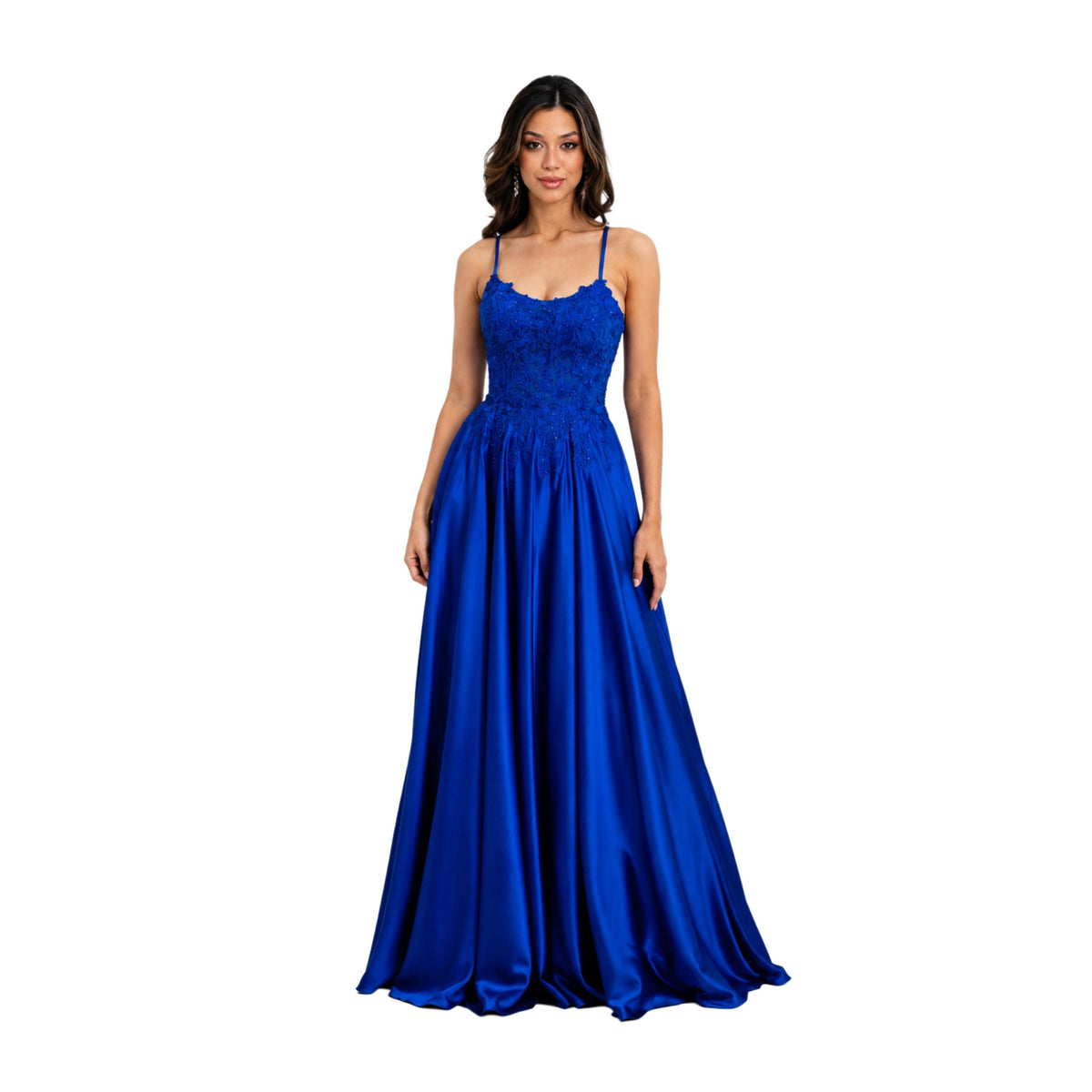 EVA 5289 Satin Prom Dress, Lace Corset Formal Gown, Spaghetti Strap A-Line Evening Dress, Wedding Guest & Quinceañera Gown