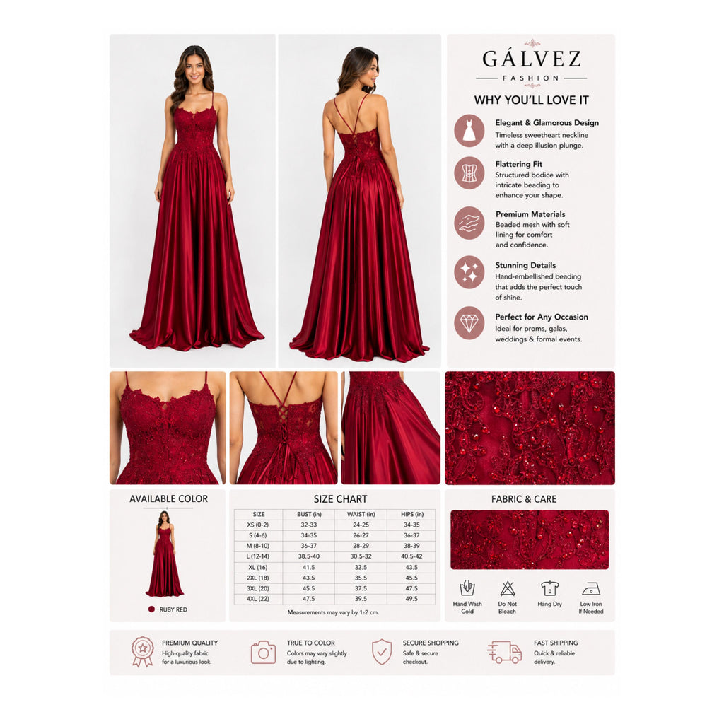 EVA 5289 Satin Prom Dress, Lace Corset Formal Gown, Spaghetti Strap A-Line Evening Dress, Wedding Guest & Quinceañera Gown
