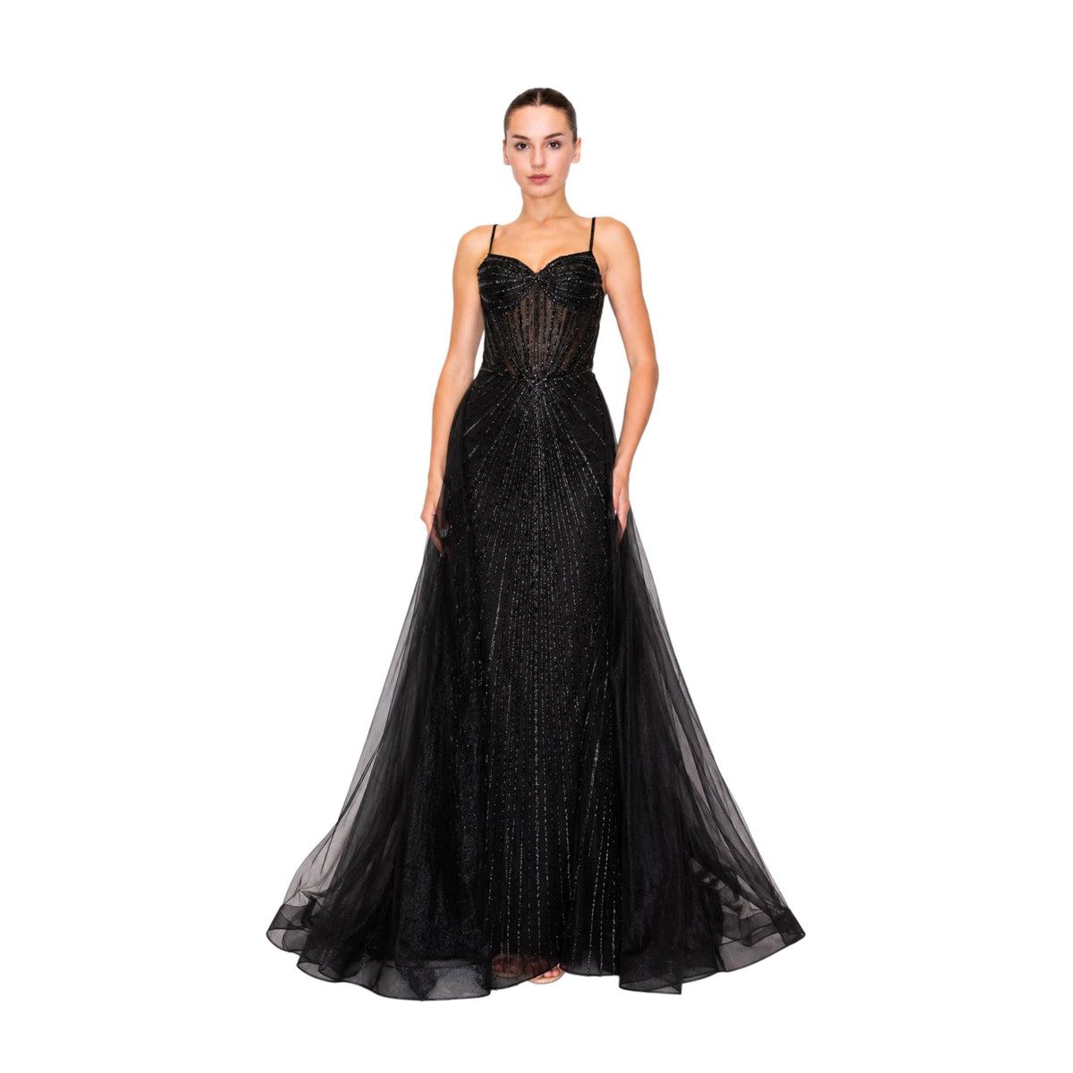 Hc 1009 Elegant Women's Beaded Corset Evening Gown with Sweetheart Neckline, Sparkling Detail y Flowing Tulle Overskirt for Prom & Gala