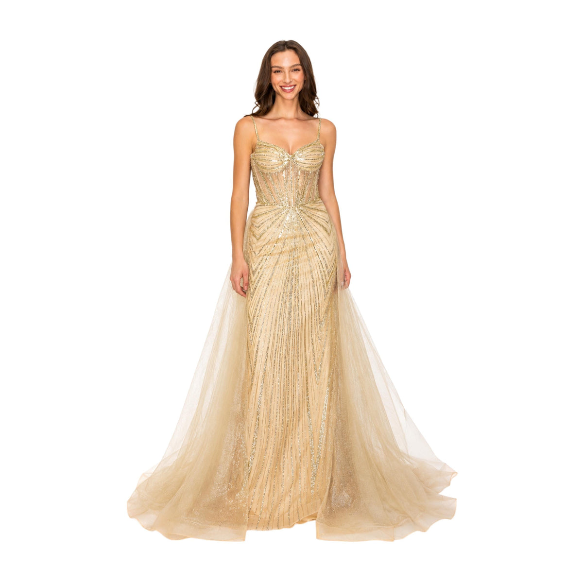 Hc 1009 Elegant Women's Beaded Corset Evening Gown with Sweetheart Neckline, Sparkling Detail y Flowing Tulle Overskirt for Prom & Gala