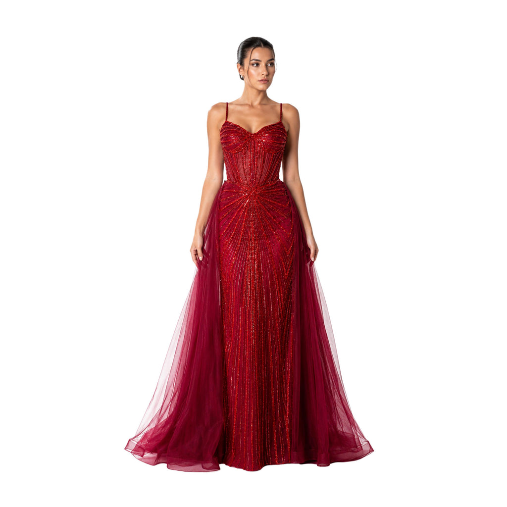 Hc 1009 Elegant Women's Beaded Corset Evening Gown with Sweetheart Neckline, Sparkling Detail y Flowing Tulle Overskirt for Prom & Gala