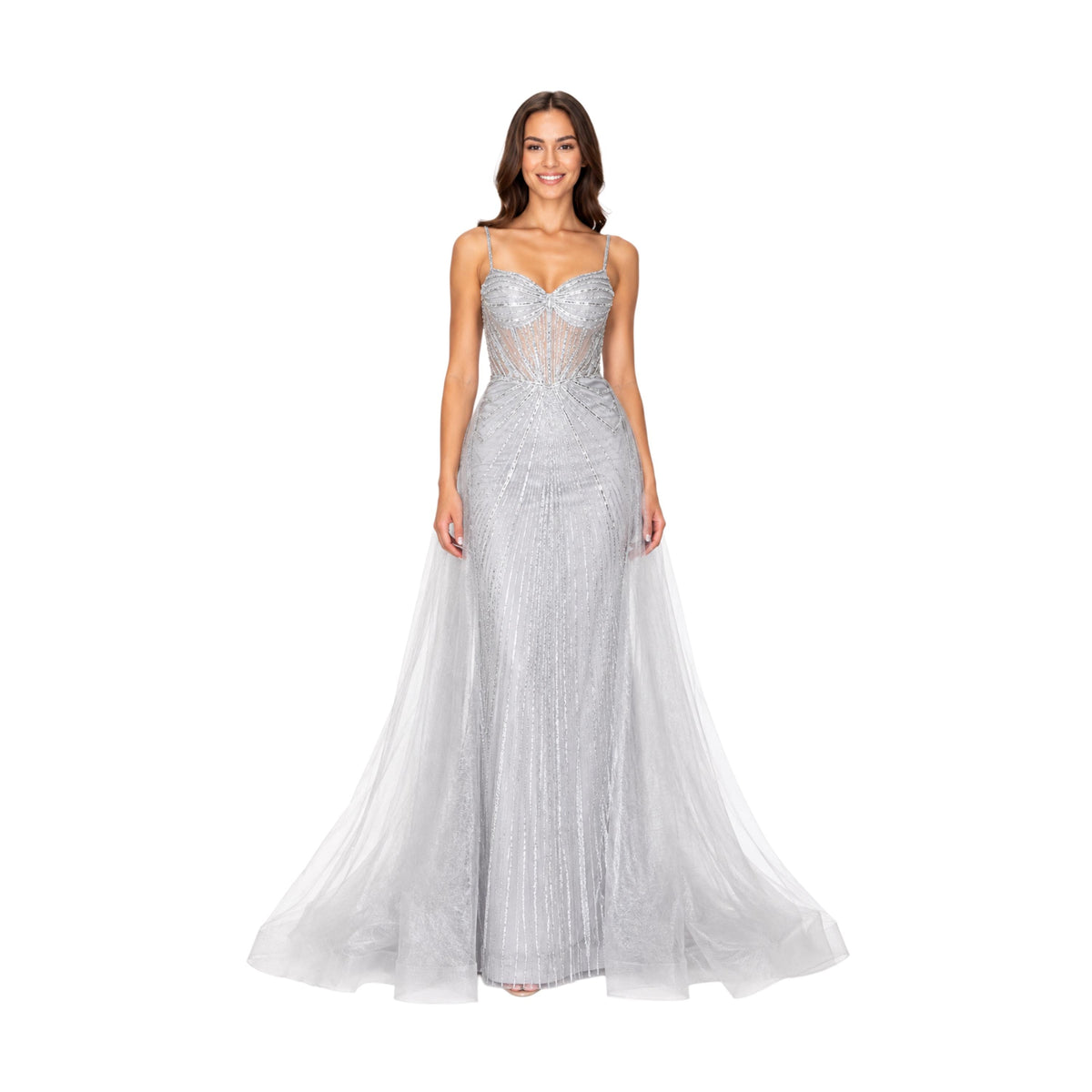 Hc 1009 Elegant Women's Beaded Corset Evening Gown with Sweetheart Neckline, Sparkling Detail y Flowing Tulle Overskirt for Prom & Gala