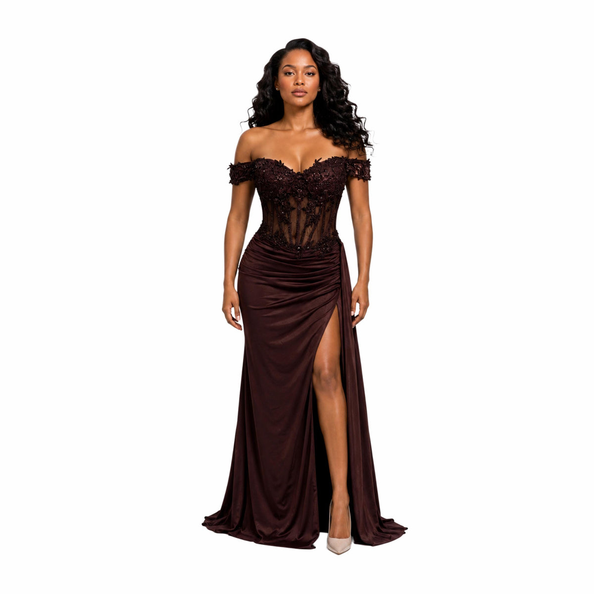 VS 31020 Elegant Off Shoulder Corset Evening Gown with 3D Floral Lace, High Slit & Draped Satin Skirt – Formal Prom Dress for Women
