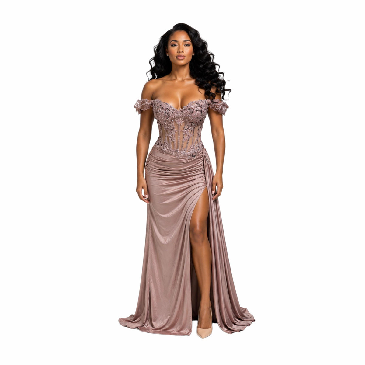 VS 31020 Elegant Off Shoulder Corset Evening Gown with 3D Floral Lace, High Slit & Draped Satin Skirt – Formal Prom Dress for Women