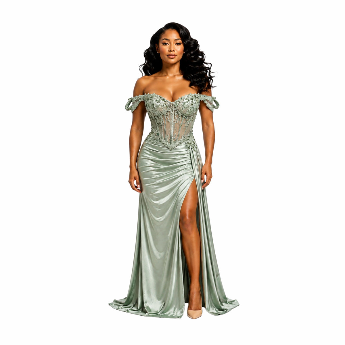 VS 31020 Elegant Off Shoulder Corset Evening Gown with 3D Floral Lace, High Slit & Draped Satin Skirt – Formal Prom Dress for Women