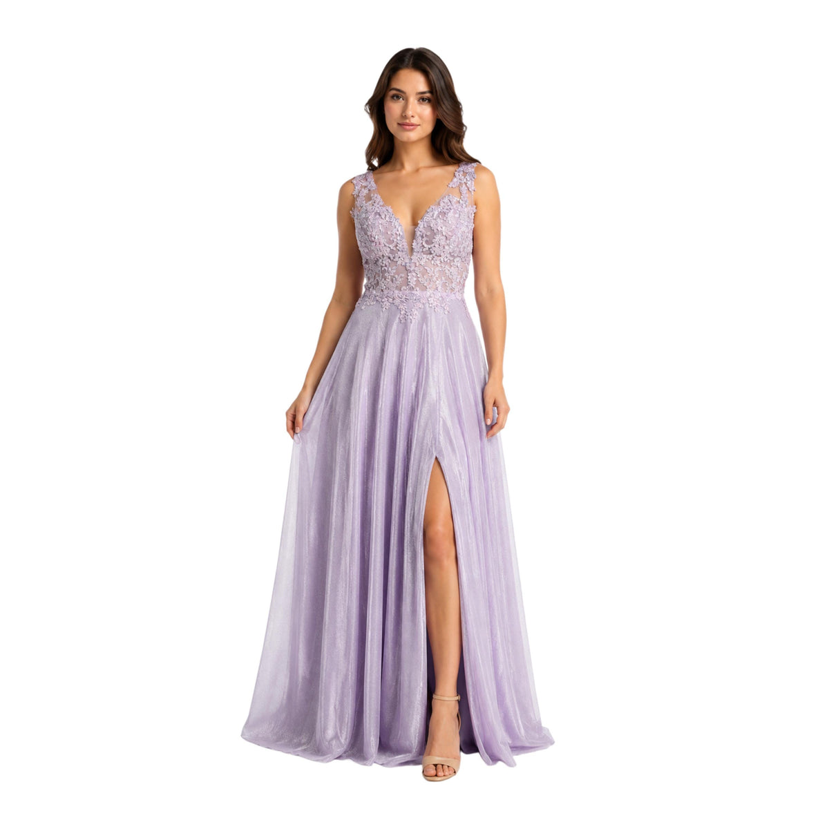 MQ-2137 Elegant Lace Evening Gown, Deep V Neck Formal Dress, High Slit Sparkle Prom Gown, Wedding Guest Bridesmaid Special Occasion Dress