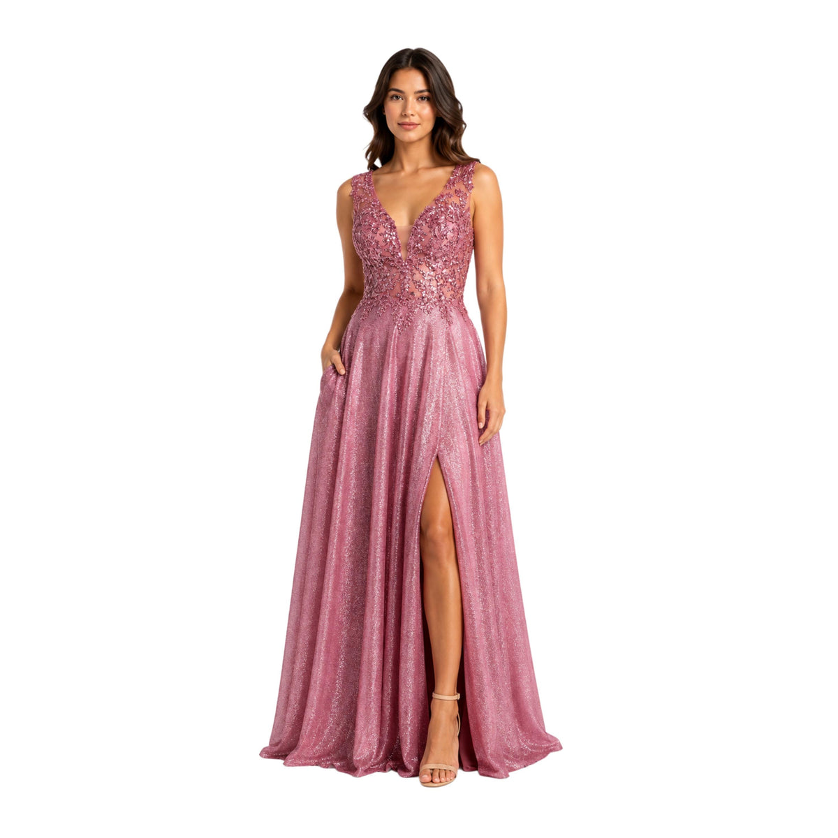 MQ-2137 Elegant Lace Evening Gown, Deep V Neck Formal Dress, High Slit Sparkle Prom Gown, Wedding Guest Bridesmaid Special Occasion Dress