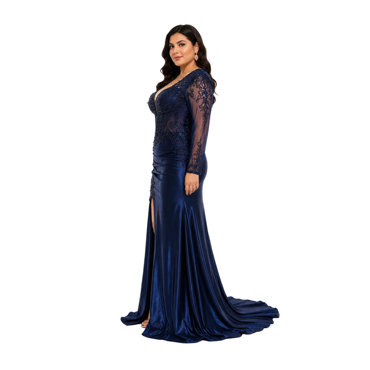 Lenovia-8431 Satin Prom Dress, Beaded Corset Evening Gown, Long Sleeve Formal Dress, Elegant Wedding Guest Dress