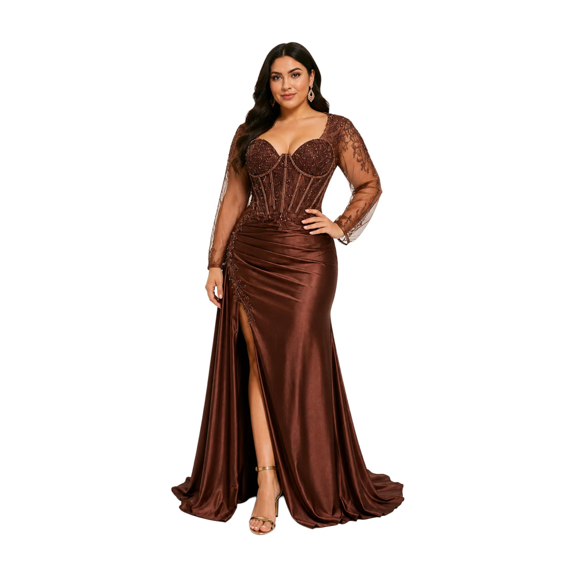 Lenovia-8431 Satin Prom Dress, Beaded Corset Evening Gown, Long Sleeve Formal Dress, Elegant Wedding Guest Dress