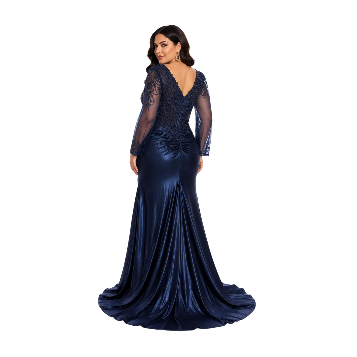 Lenovia-8431 Satin Prom Dress, Beaded Corset Evening Gown, Long Sleeve Formal Dress, Elegant Wedding Guest Dress