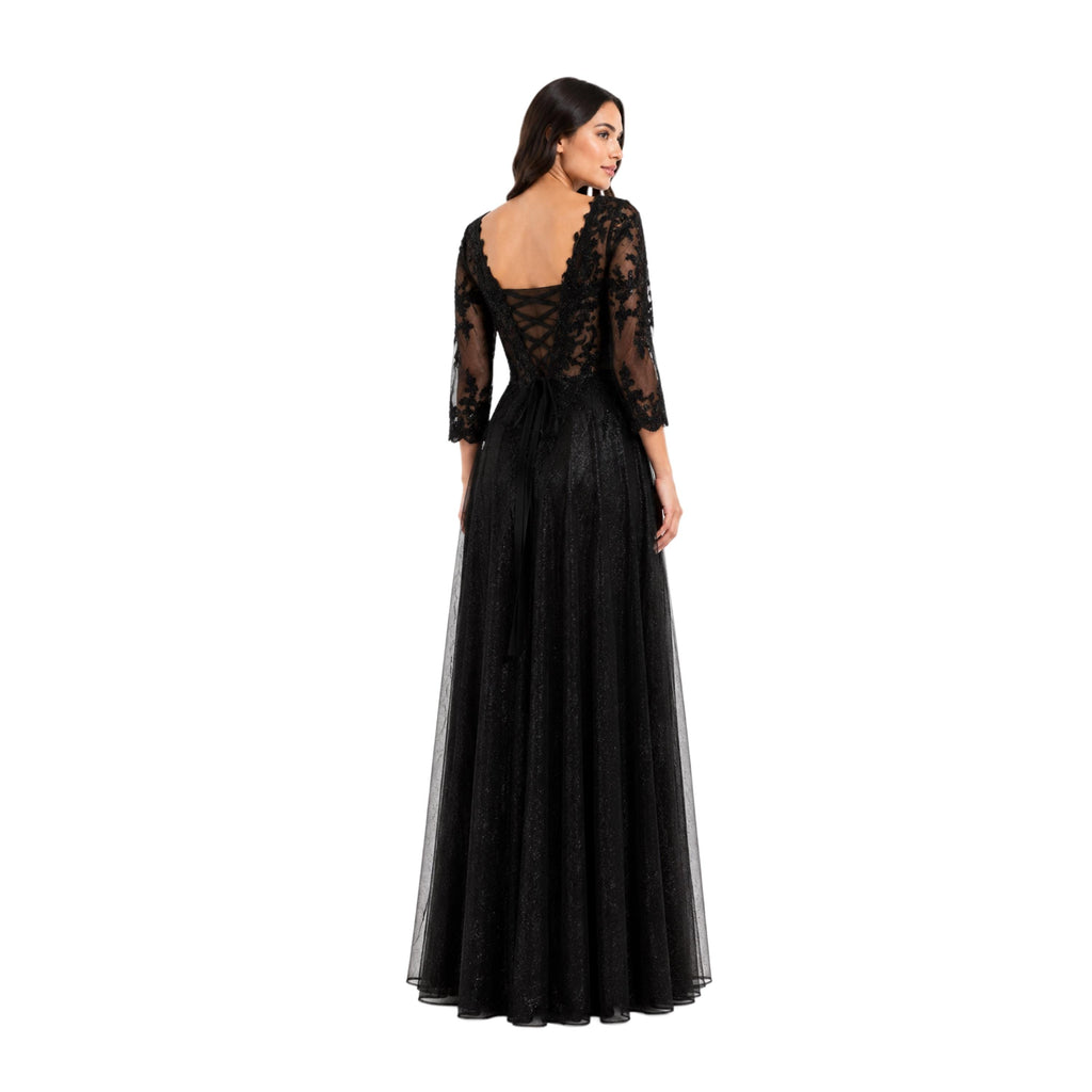 Cindy-C50509 Elegant Women’s Floor-Length Formal Evening Gown with Lace Appliqué, Sheer 3/4 Sleeves, V-Neckline, Glitter Tulle A-Line Skirt