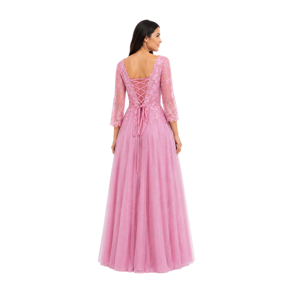 Cindy-C50509 Elegant Women’s Floor-Length Formal Evening Gown with Lace Appliqué, Sheer 3/4 Sleeves, V-Neckline, Glitter Tulle A-Line Skirt