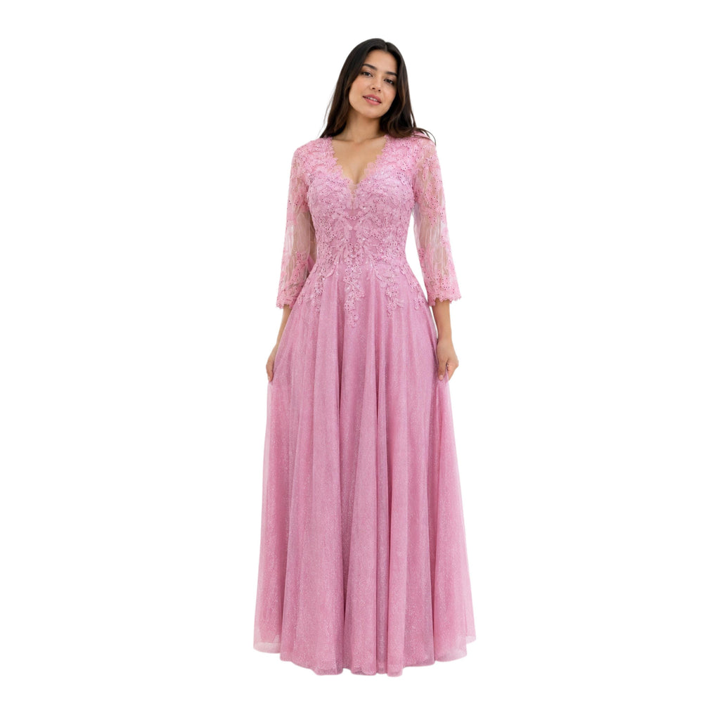 Cindy-C50509 Elegant Women’s Floor-Length Formal Evening Gown with Lace Appliqué, Sheer 3/4 Sleeves, V-Neckline, Glitter Tulle A-Line Skirt