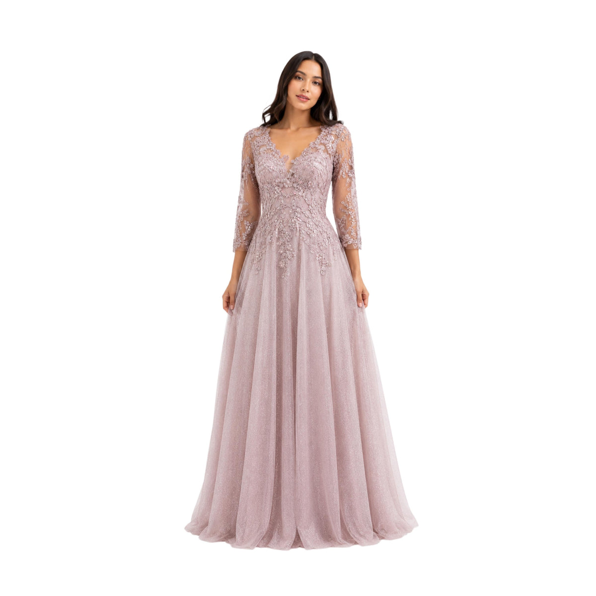 Cindy-C50509 Elegant Women’s Floor-Length Formal Evening Gown with Lace Appliqué, Sheer 3/4 Sleeves, V-Neckline, Glitter Tulle A-Line Skirt