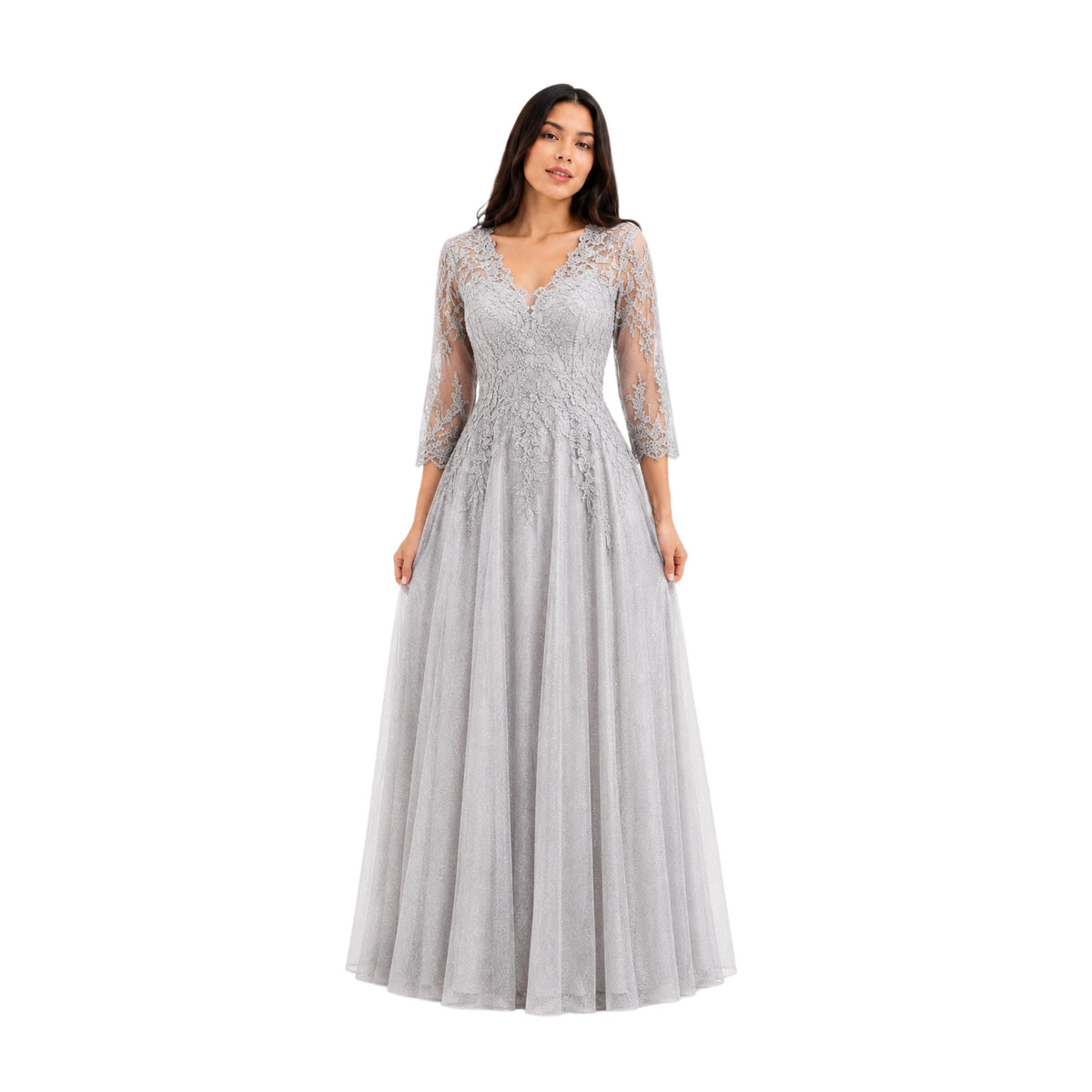 Cindy-C50509 Elegant Women’s Floor-Length Formal Evening Gown with Lace Appliqué, Sheer 3/4 Sleeves, V-Neckline, Glitter Tulle A-Line Skirt
