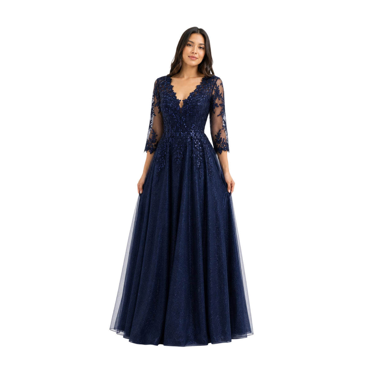 Cindy-C50509 Elegant Women’s Floor-Length Formal Evening Gown with Lace Appliqué, Sheer 3/4 Sleeves, V-Neckline, Glitter Tulle A-Line Skirt