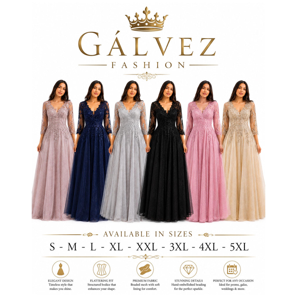 Cindy-C50509 Elegant Women’s Floor-Length Formal Evening Gown with Lace Appliqué, Sheer 3/4 Sleeves, V-Neckline, Glitter Tulle A-Line Skirt