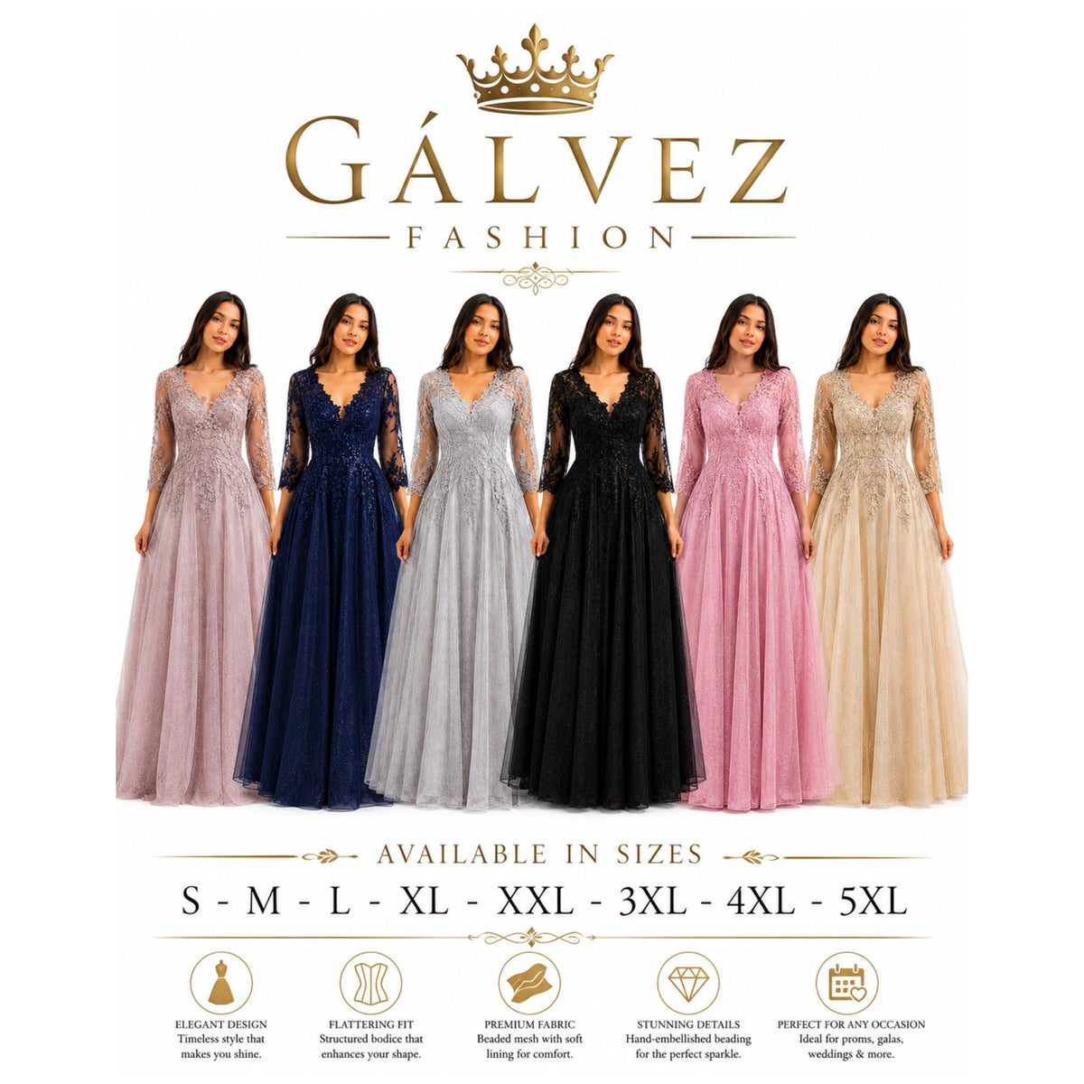 Cindy-C50509 Elegant Women’s Floor-Length Formal Evening Gown with Lace Appliqué, Sheer 3/4 Sleeves, V-Neckline, Glitter Tulle A-Line Skirt