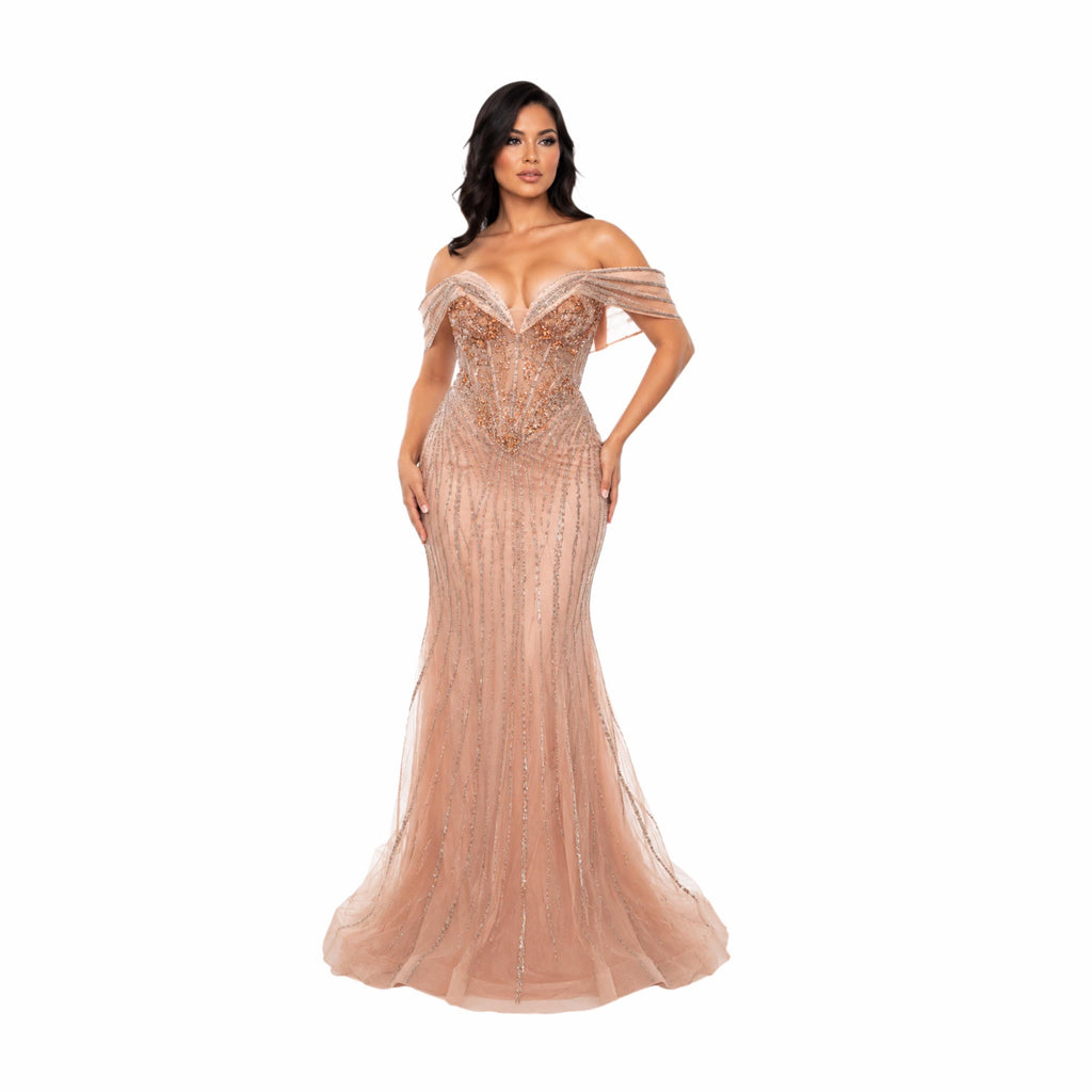 Lenovia-8523 Elegant Off Shoulder Mermaid Prom Dress, Beaded Corset Evening Gown, Formal Wedding Guest Dress, Gala & Special Occasion Gown