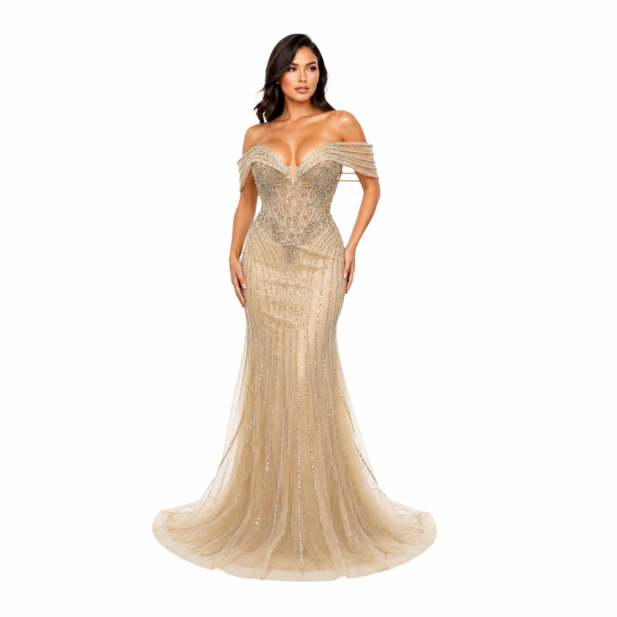Lenovia-8523 Elegant Off Shoulder Mermaid Prom Dress, Beaded Corset Evening Gown, Formal Wedding Guest Dress, Gala & Special Occasion Gown
