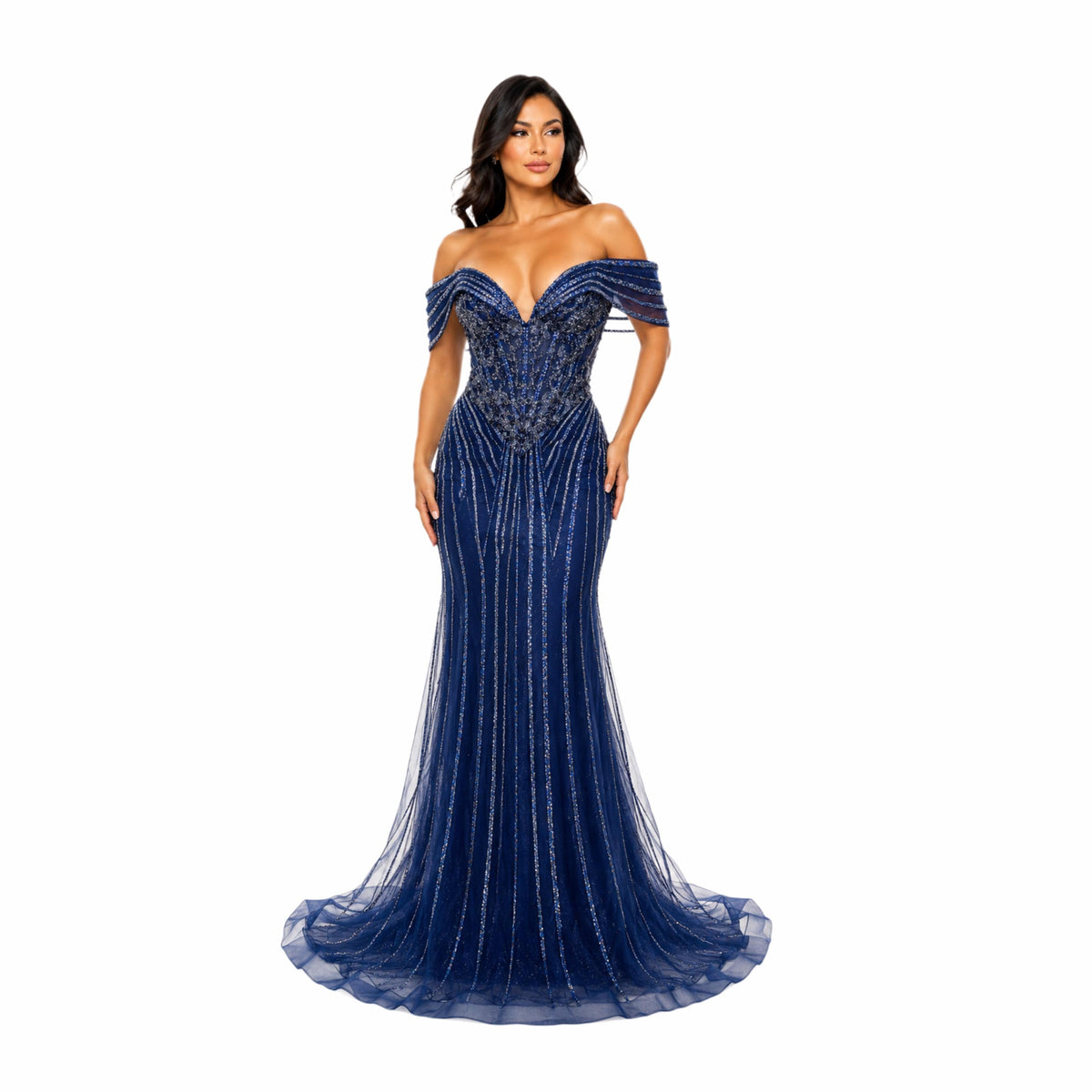 Lenovia-8523 Elegant Off Shoulder Mermaid Prom Dress, Beaded Corset Evening Gown, Formal Wedding Guest Dress, Gala & Special Occasion Gown