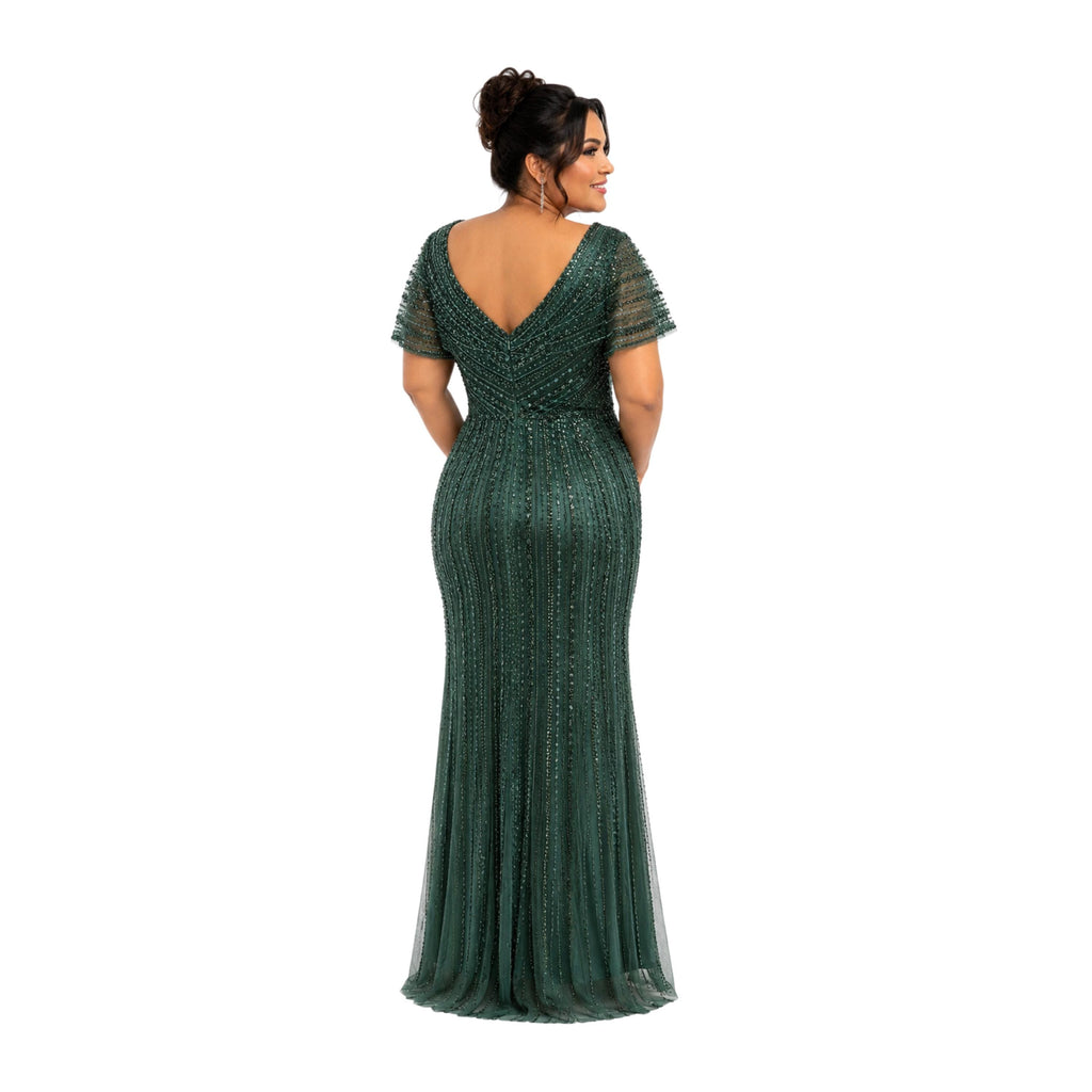 VS-723 Plus Size Beaded Evening Gown, Elegant V Neck Formal Dress, Wedding Guest Dress, Mother of the Bride Gown, Prom Gala Dress