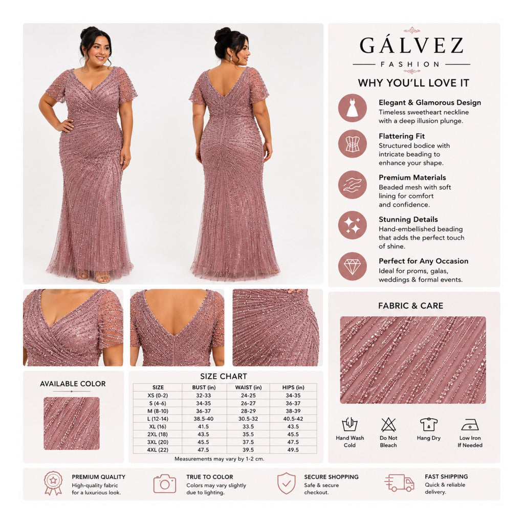 VS-723 Plus Size Beaded Evening Gown, Elegant V Neck Formal Dress, Wedding Guest Dress, Mother of the Bride Gown, Prom Gala Dress