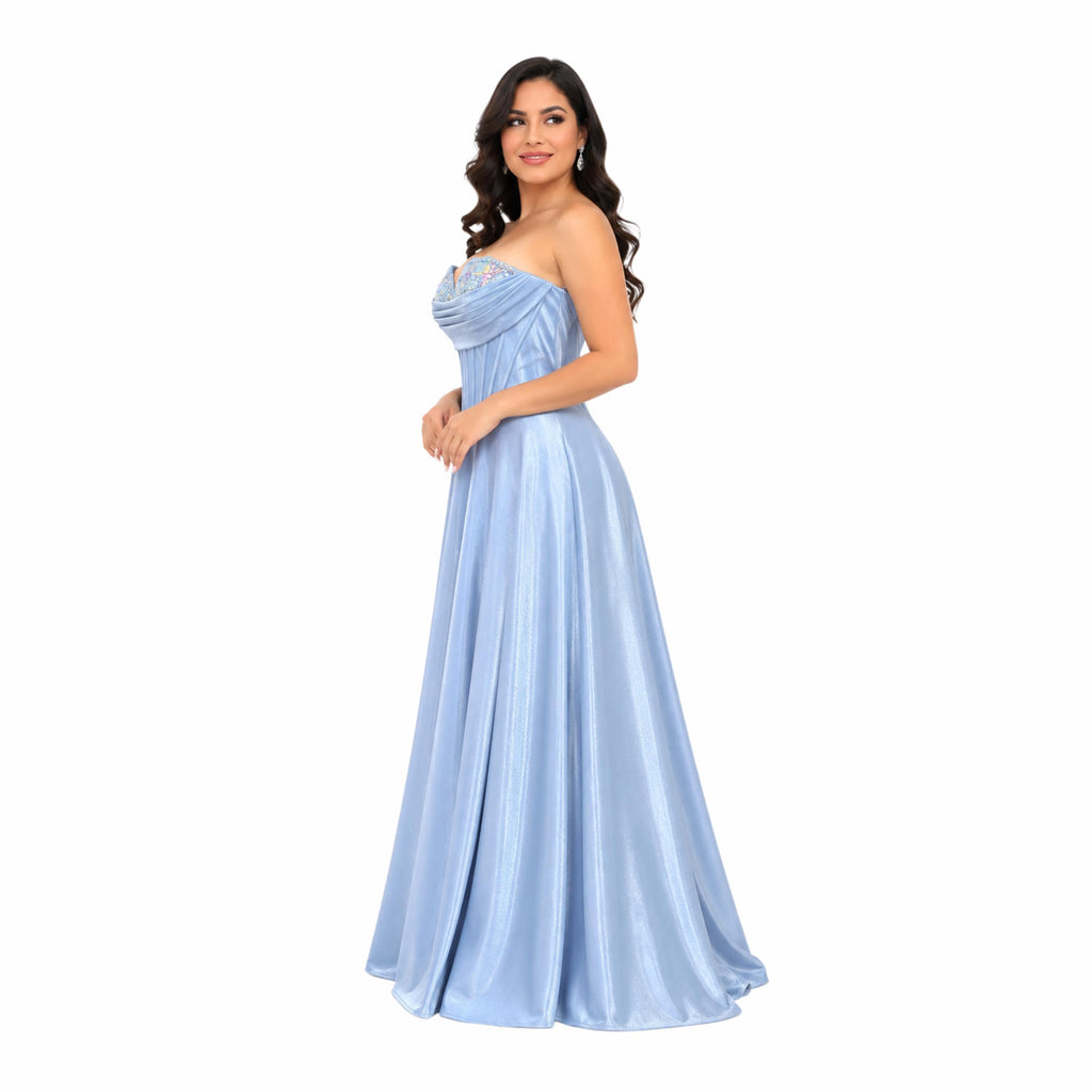 Cindy-50519 elegant strapless satin evening gown corset bodice floral lace bust a line floor length formal prom gala wedding guest dress