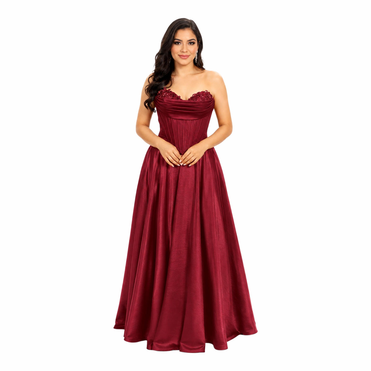 Cindy-50519 elegant strapless satin evening gown corset bodice floral lace bust a line floor length formal prom gala wedding guest dress