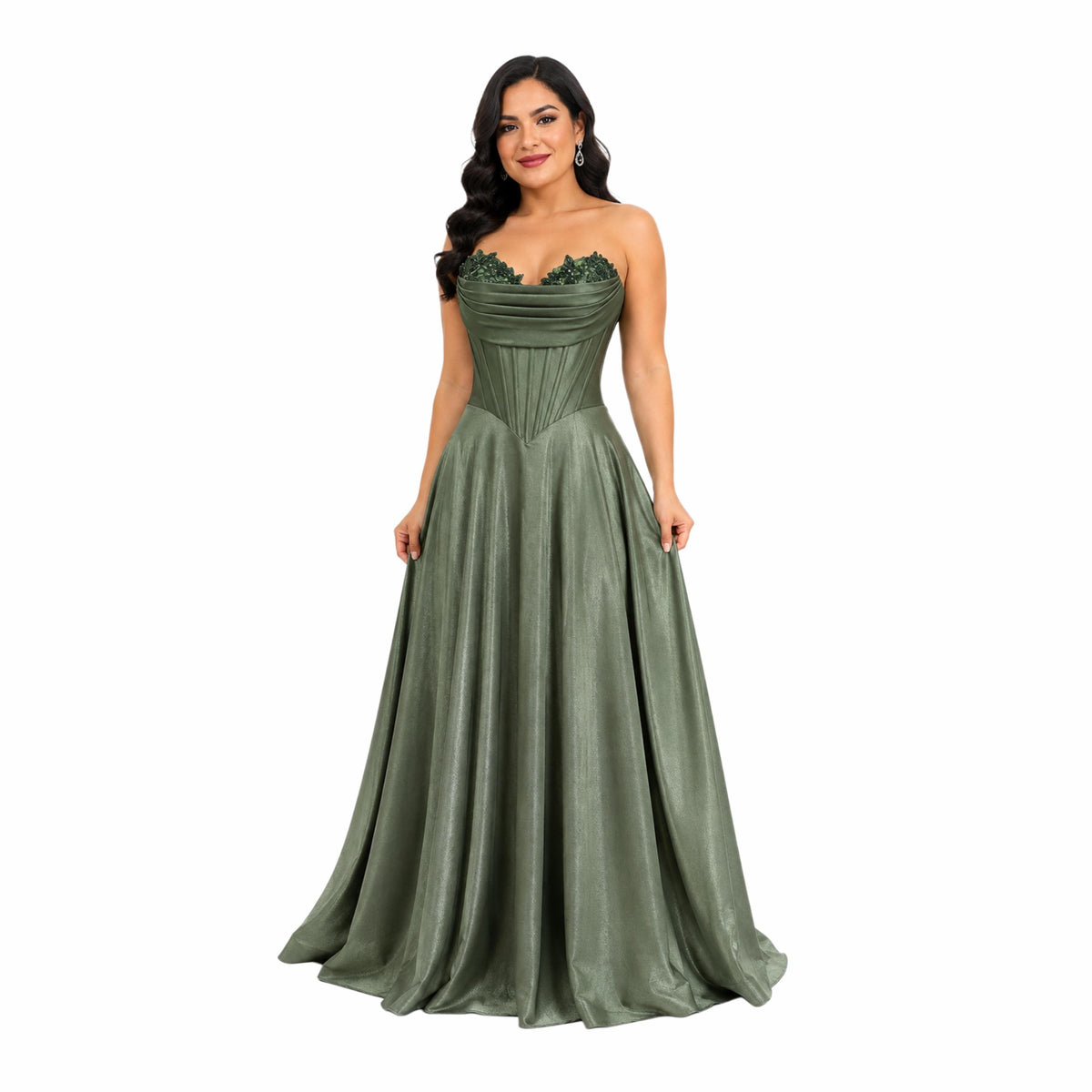 Cindy-50519 elegant strapless satin evening gown corset bodice floral lace bust a line floor length formal prom gala wedding guest dress