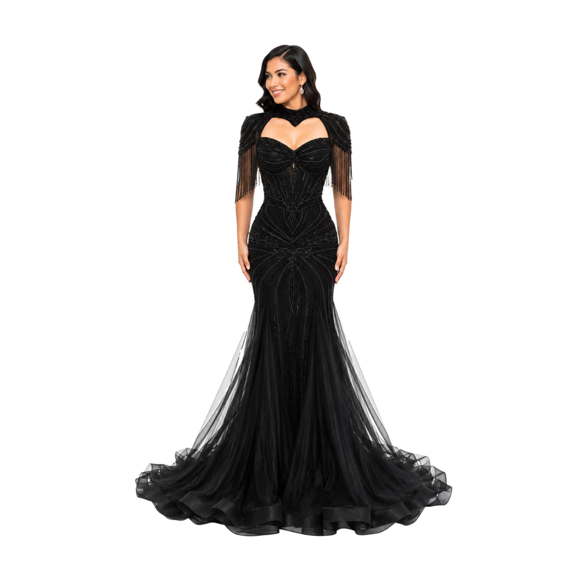 VS-0578 Elegant Beaded Mermaid Evening Gown with Cape Sleeves Corset Bodice Formal Prom Wedding Guest Dress