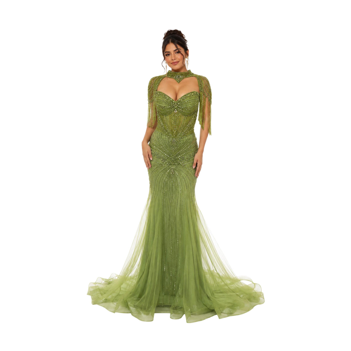 VS-0578 Elegant Beaded Mermaid Evening Gown with Cape Sleeves Corset Bodice Formal Prom Wedding Guest Dress