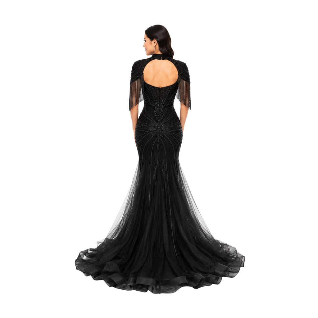 VS-0578 Elegant Beaded Mermaid Evening Gown with Cape Sleeves Corset Bodice Formal Prom Wedding Guest Dress