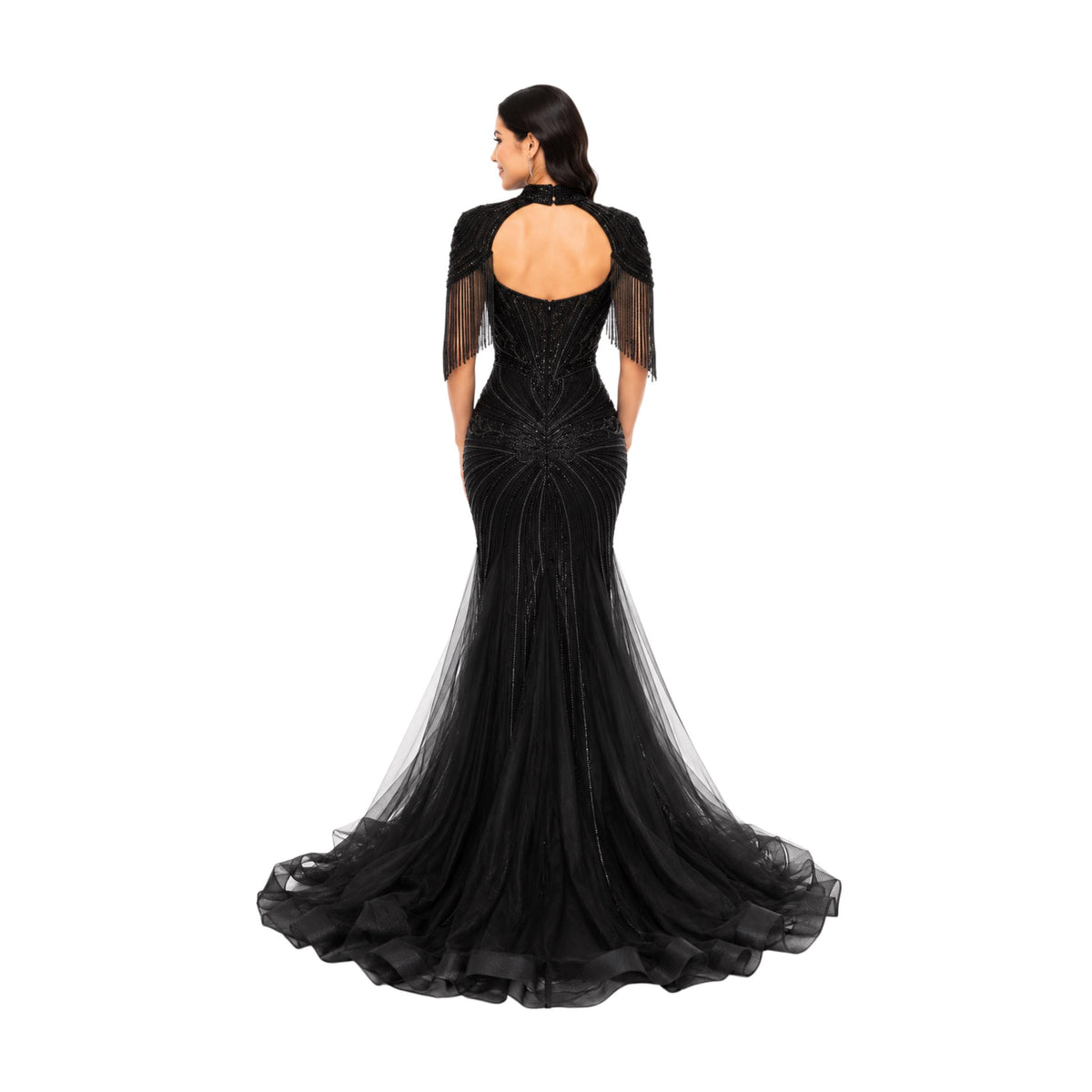 VS-0578 Elegant Beaded Mermaid Evening Gown with Cape Sleeves Corset Bodice Formal Prom Wedding Guest Dress