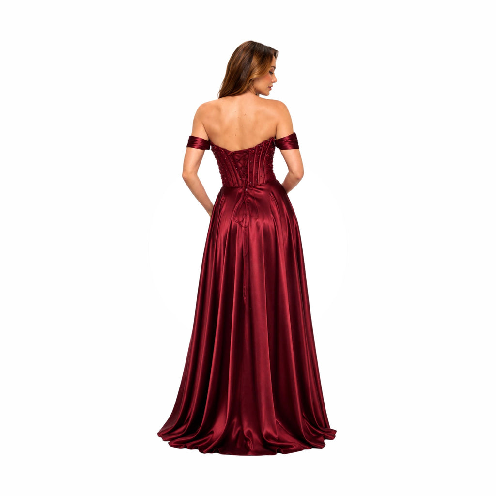 EVA 5315 Elegant Emerald Green Off-the-Shoulder Evening Gown with Corseted Bust and Flowing Skirt for Formal Events