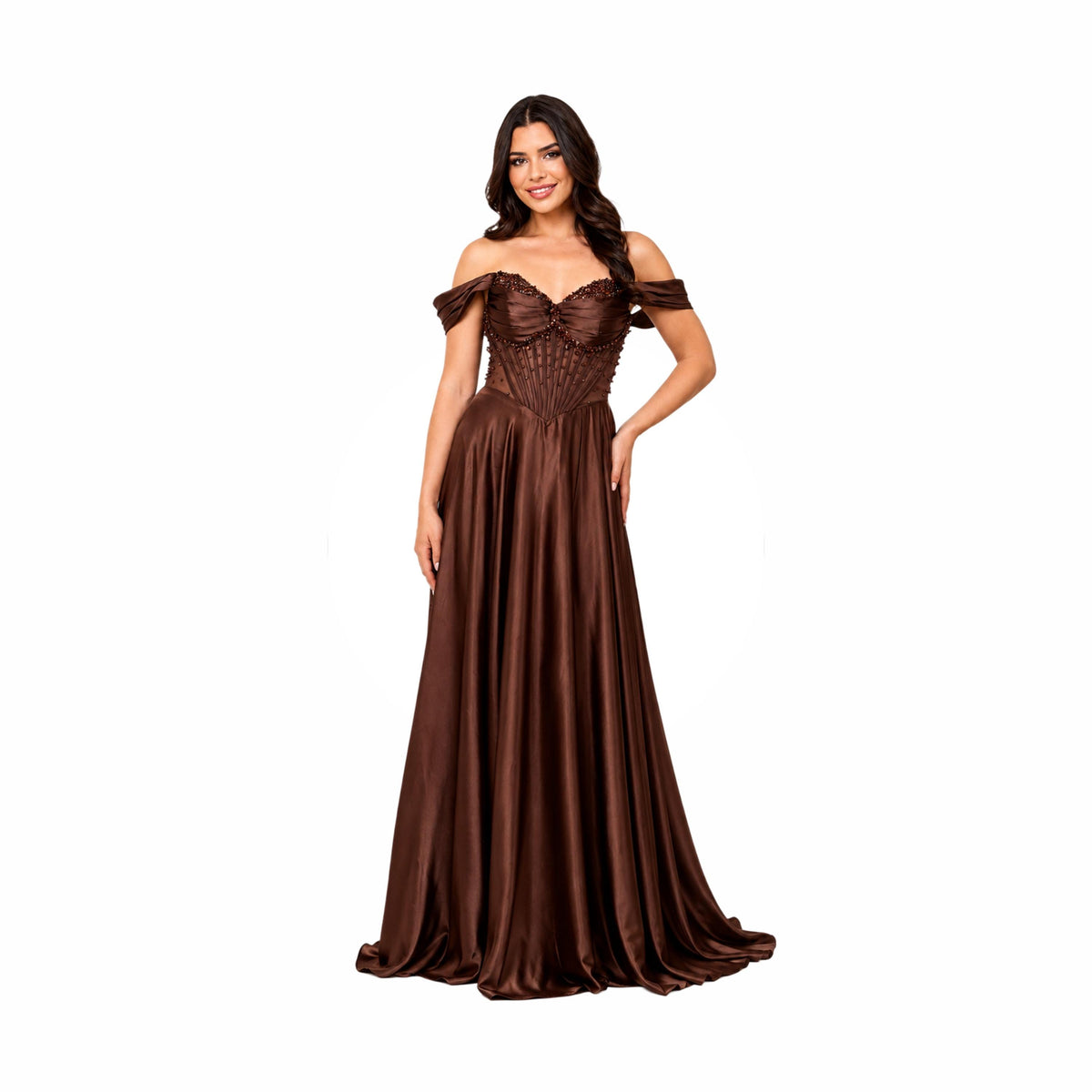 EVA 5315 Elegant Emerald Green Off-the-Shoulder Evening Gown with Corseted Bust and Flowing Skirt for Formal Events