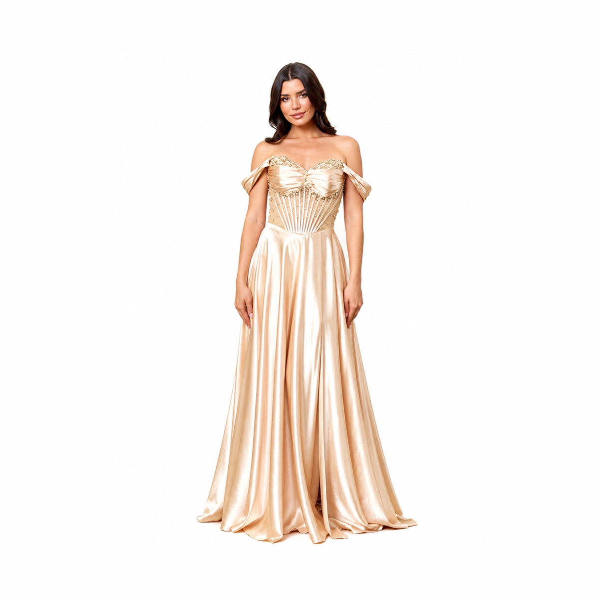 EVA 5315 Elegant Emerald Green Off-the-Shoulder Evening Gown with Corseted Bust and Flowing Skirt for Formal Events