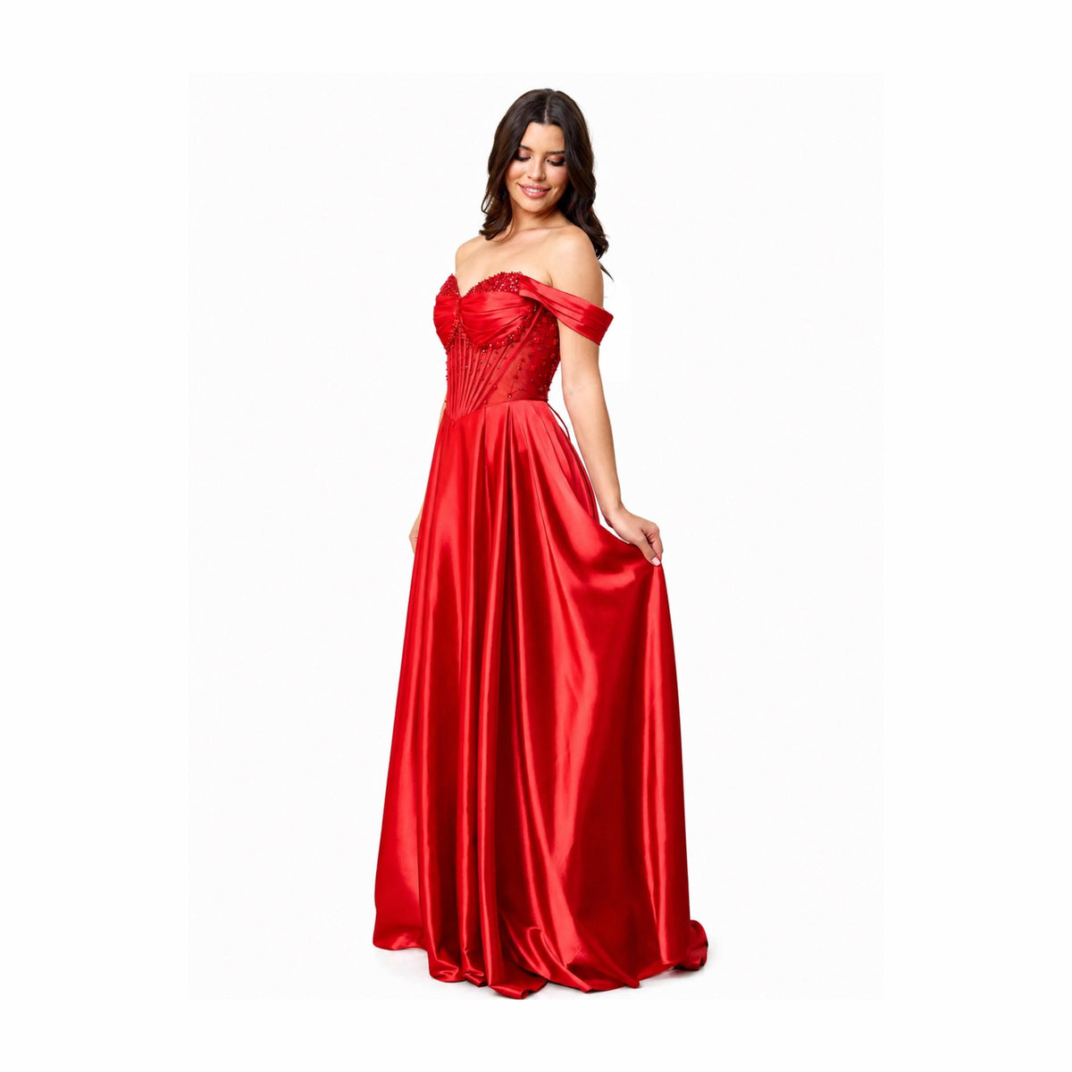 EVA 5315 Elegant Emerald Green Off-the-Shoulder Evening Gown with Corseted Bust and Flowing Skirt for Formal Events