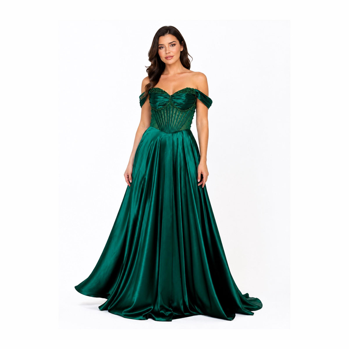 EVA 5315 Elegant Emerald Green Off-the-Shoulder Evening Gown with Corseted Bust and Flowing Skirt for Formal Events