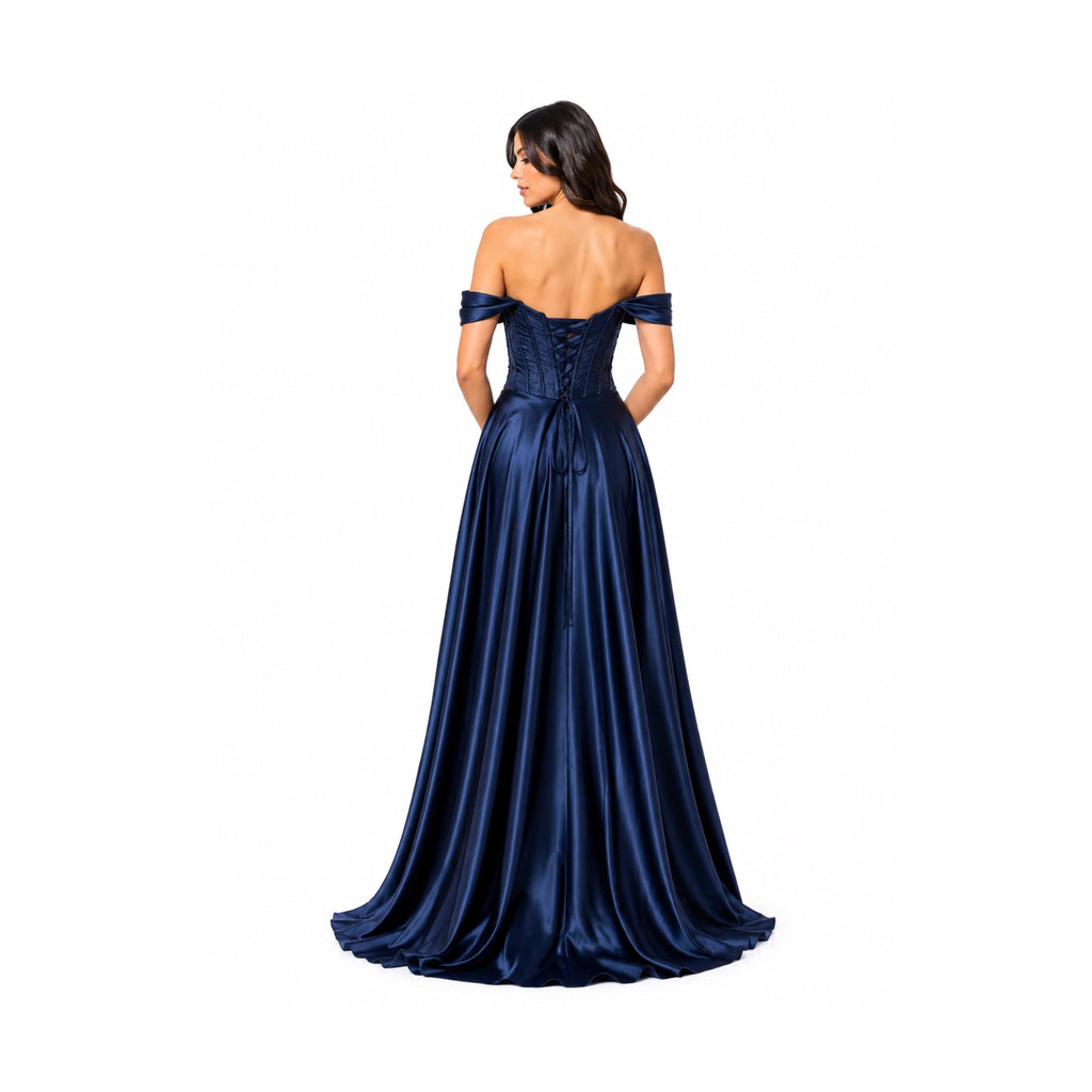 EVA 5315 Elegant Emerald Green Off-the-Shoulder Evening Gown with Corseted Bust and Flowing Skirt for Formal Events