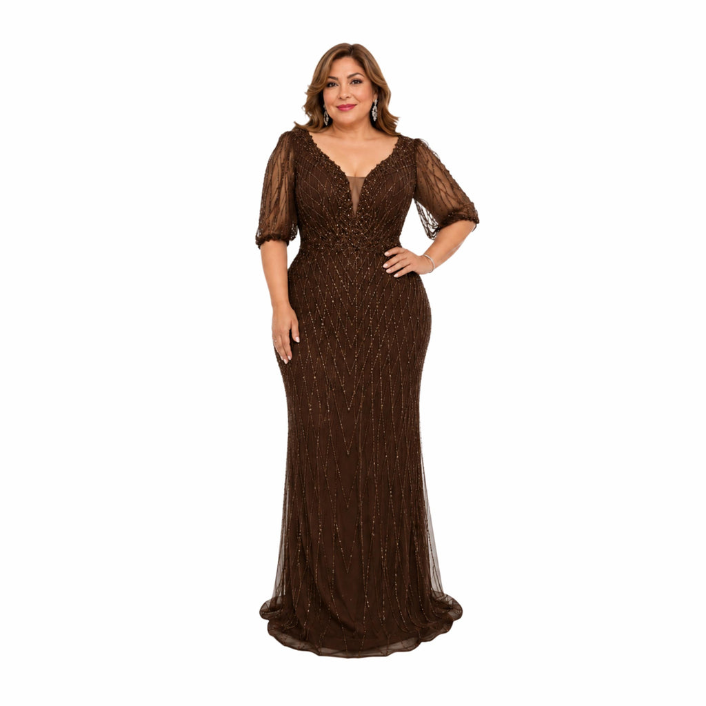RQ 8290 Elegant Plus Size Beaded Evening Gown with V Neck and Sheer Sleeves for Weddings Galas and Formal Events