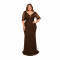 RQ 8290 Elegant Plus Size Beaded Evening Gown with V Neck and Sheer Sleeves for Weddings Galas and Formal Events