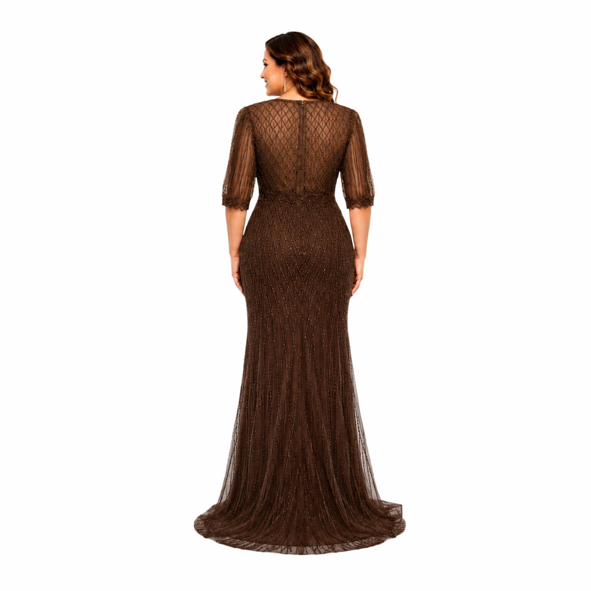 RQ 8290 Elegant Plus Size Beaded Evening Gown with V Neck and Sheer Sleeves for Weddings Galas and Formal Events