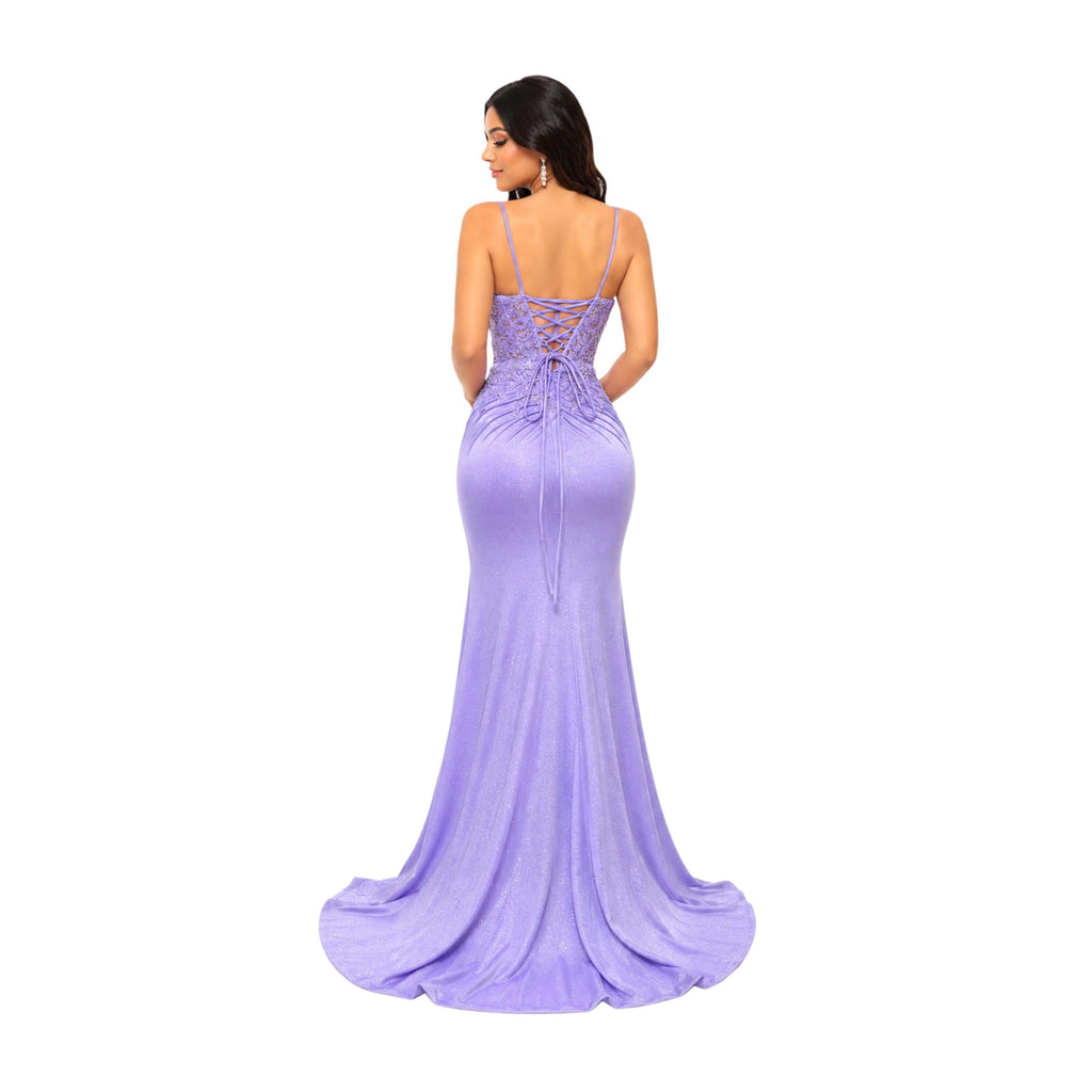 DQ 4556 Women's Elegant Formal Evening Gown with Lace Corset Bodice, Spaghetti Straps, Ruched Waist, High Slit and Floor Length Train