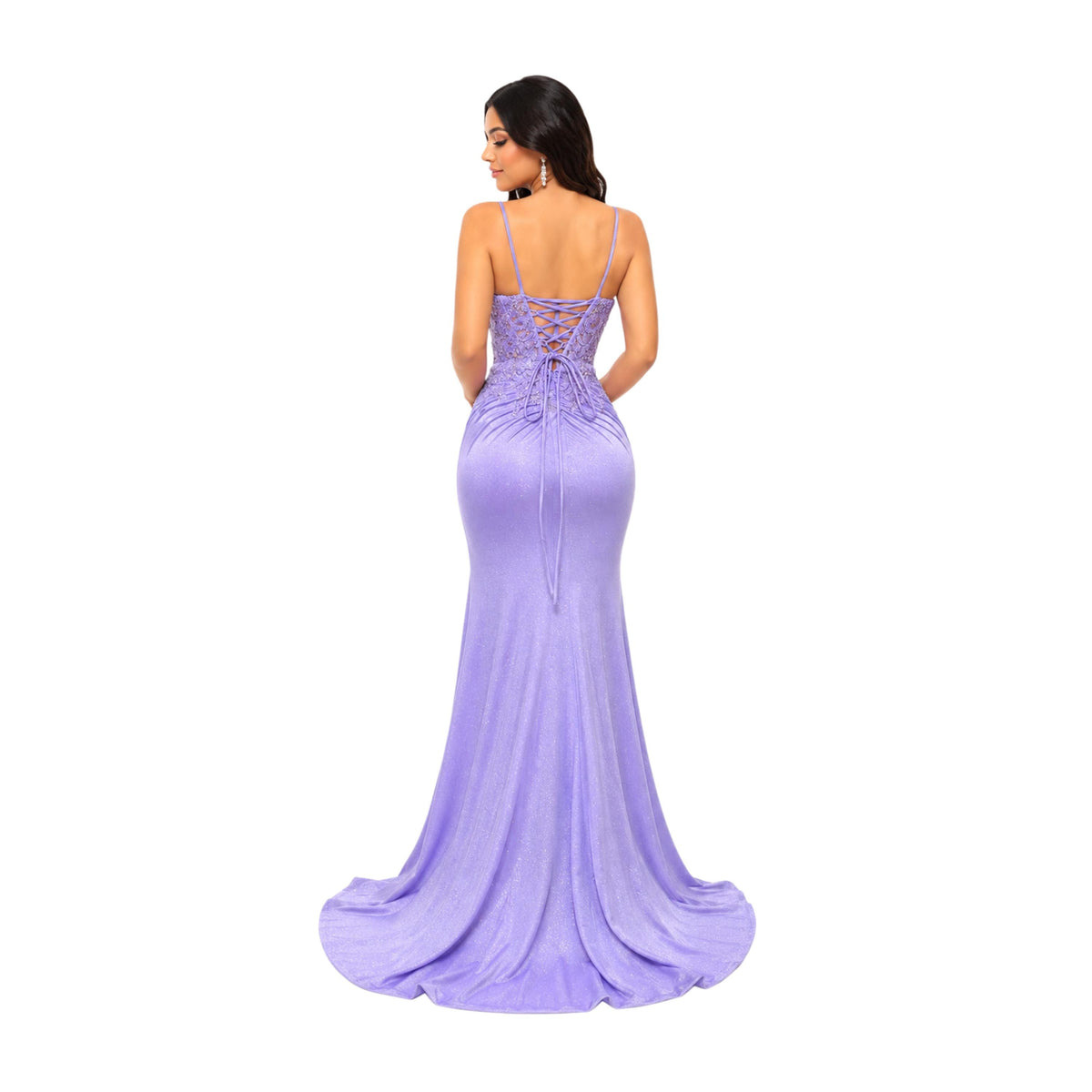 DQ 4556 Women's Elegant Formal Evening Gown with Lace Corset Bodice, Spaghetti Straps, Ruched Waist, High Slit and Floor Length Train